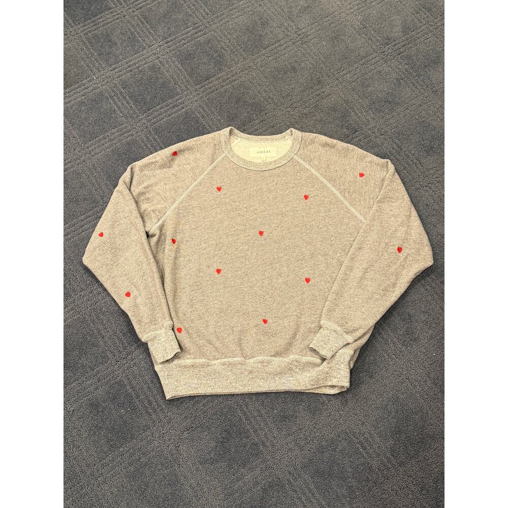 THE GREAT. College Sweater Crewneck Sweatshirt Gray Red Hearts Embroidery Size 0 - Picture 5 of 8